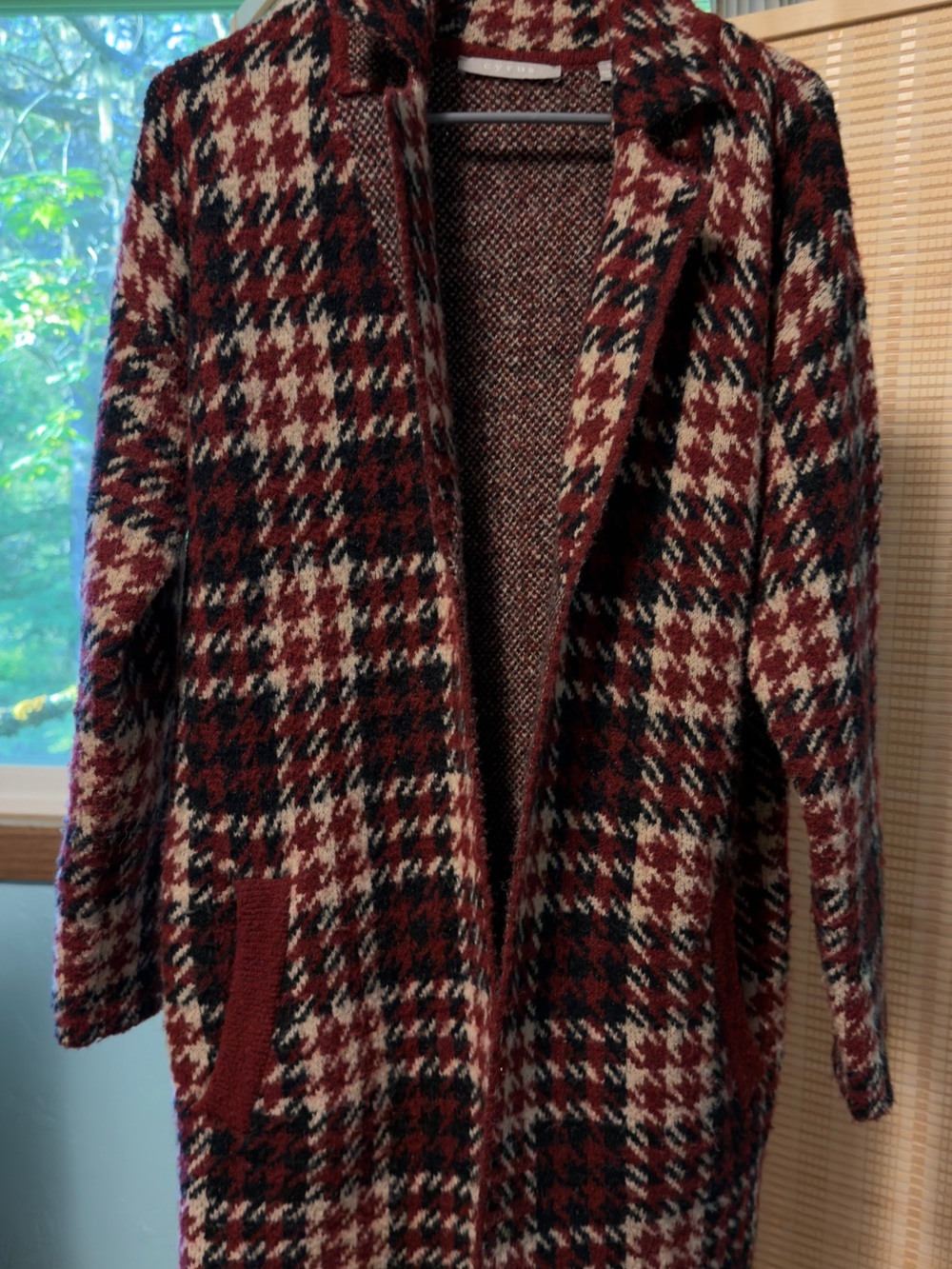 Cyrus Burgundy, Black & Cream Plaid Open-Front Cardigan Coat